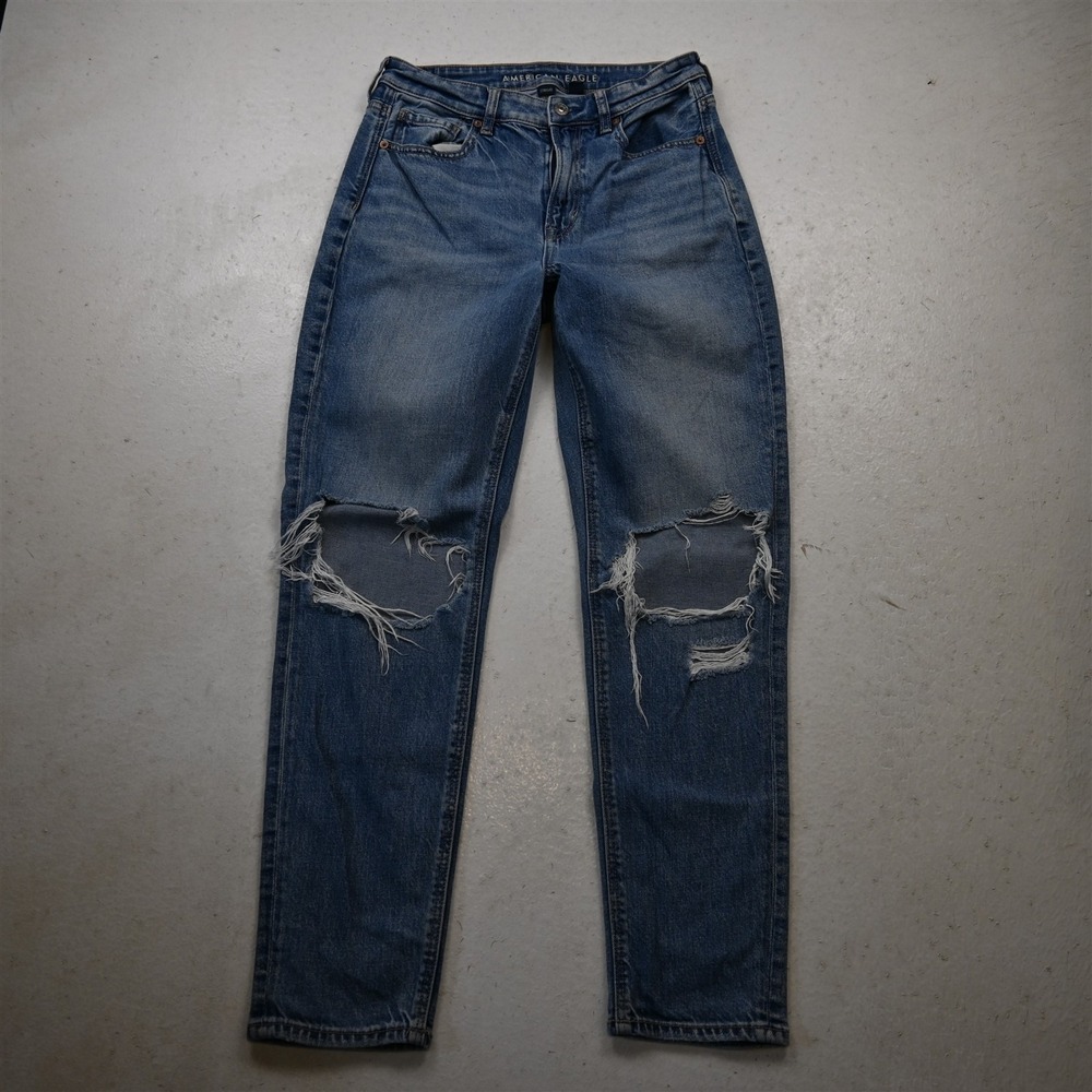American Eagle 4 High Rise Mom Jean Light Destroyed Stretch Denim Womens Jeans
